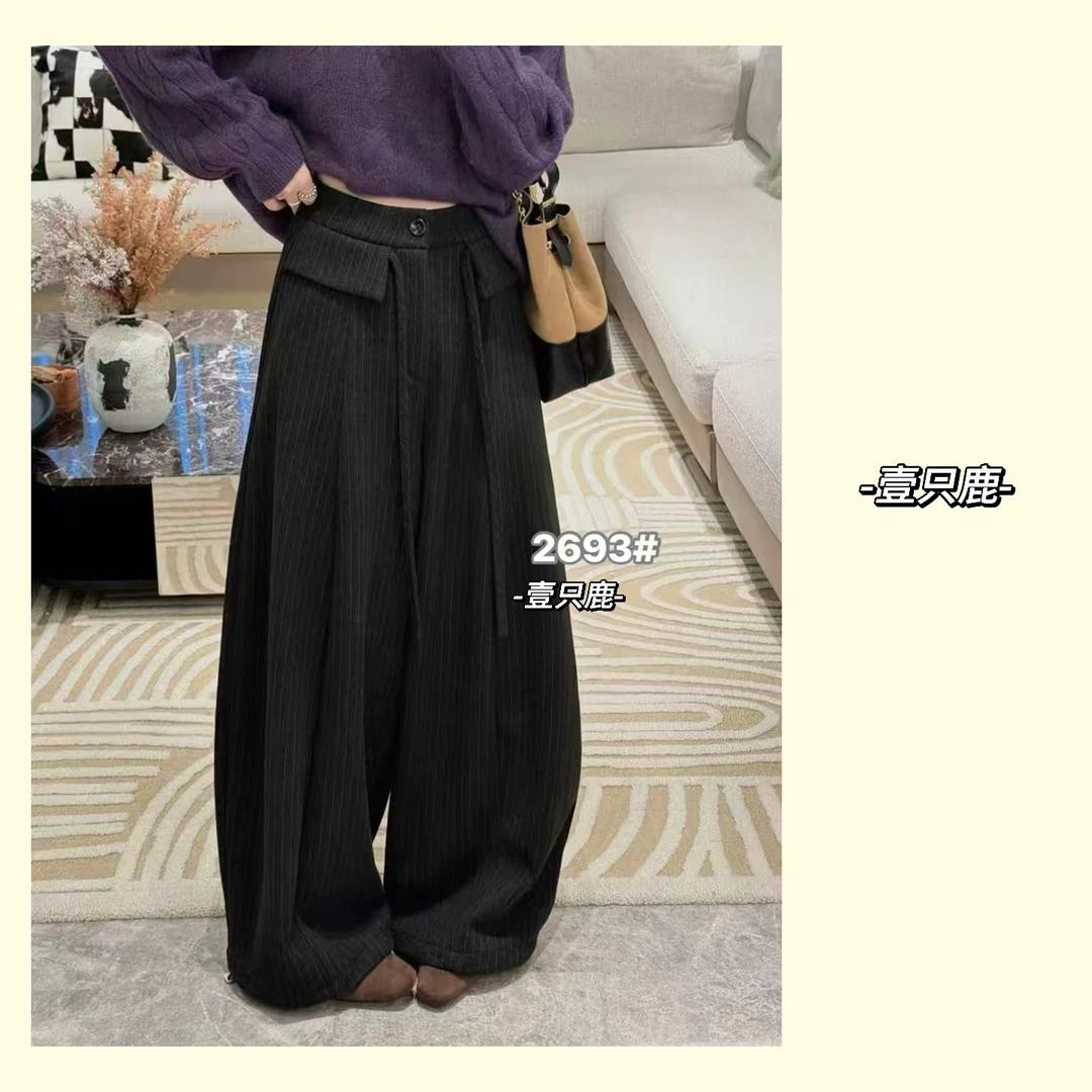 2693秋冬加绒竖条纹抽绳显瘦阔版弯刀裤（裤长101）