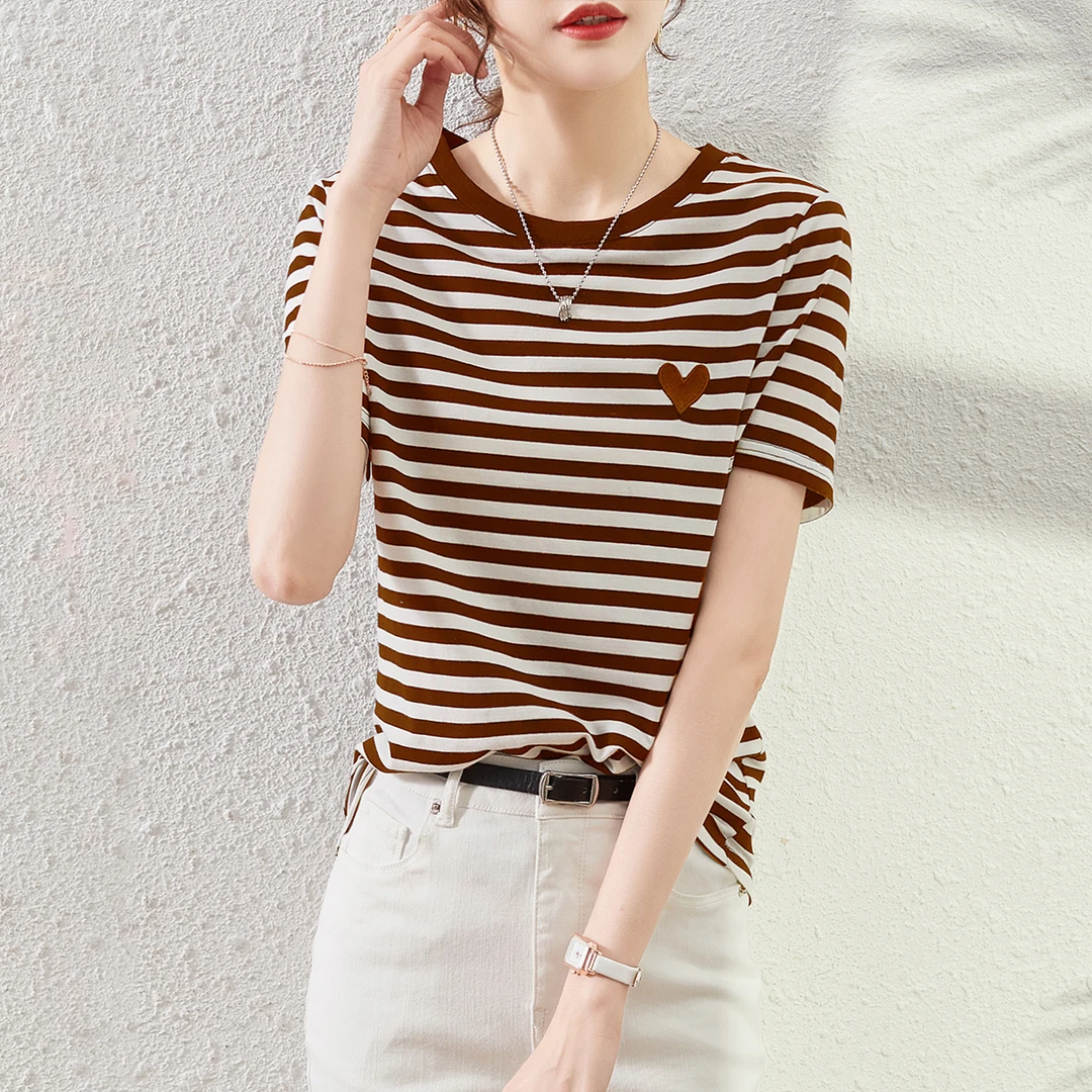 XWI/欣未2025夏季新款爱心刺绣咖色条纹短袖百搭时尚显瘦T恤5A020