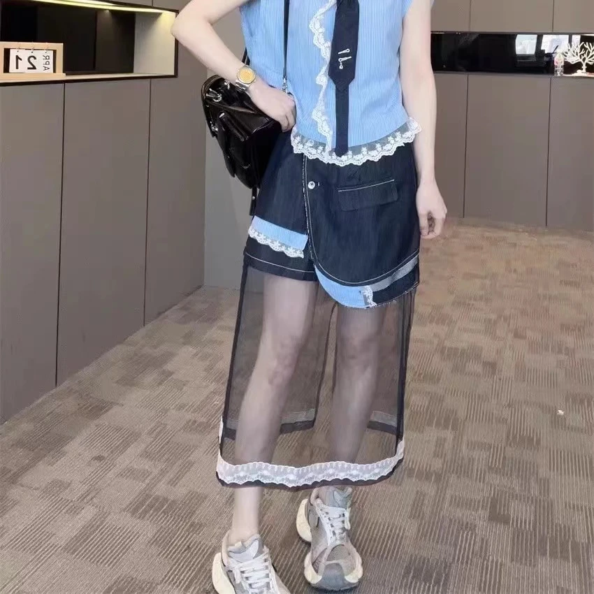 3906#网纱拼接裙高腰洋气百搭