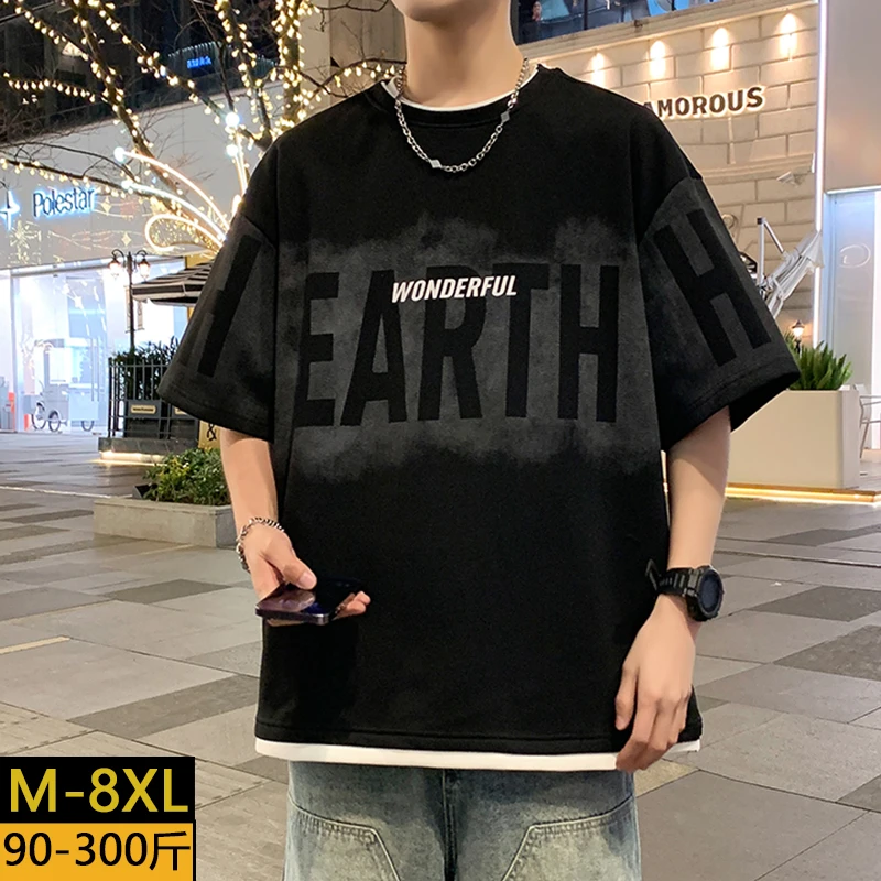 大码男夏季胖子T恤新款宽松美式透气印花假两件圆领微胖休闲短袖