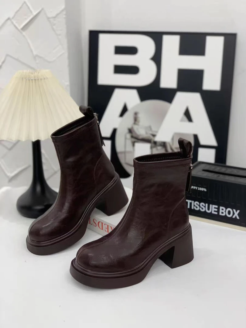 真皮马丁靴秋冬韩版后拉链瘦瘦靴女一脚蹬厚底时尚休闲女鞋8173-A