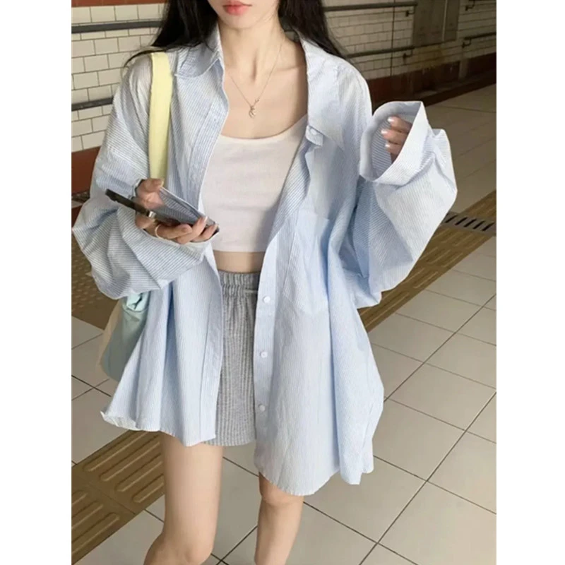 新款蓝色条纹polo领衬衫女慵懒休闲长袖上衣宽松中长款防晒衬衣