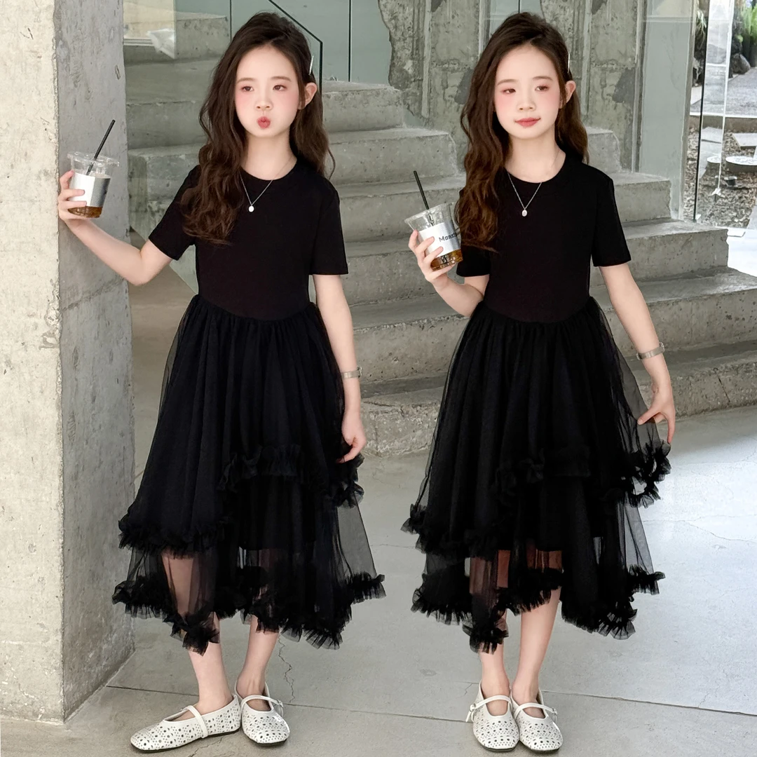 女童夏季洋气黑色网纱连衣裙高贵显瘦公主范十足韩版时尚女孩裙子