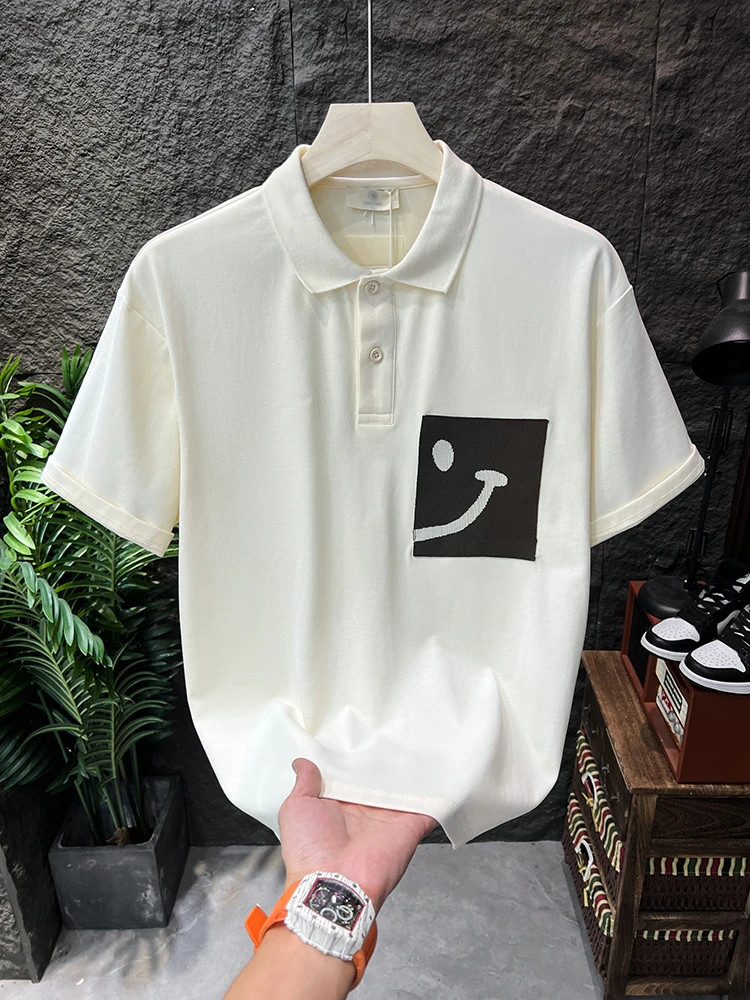 笑脸设计拼接短袖t恤男士polo衫夏季潮流百搭翻领体恤男士上衣帅