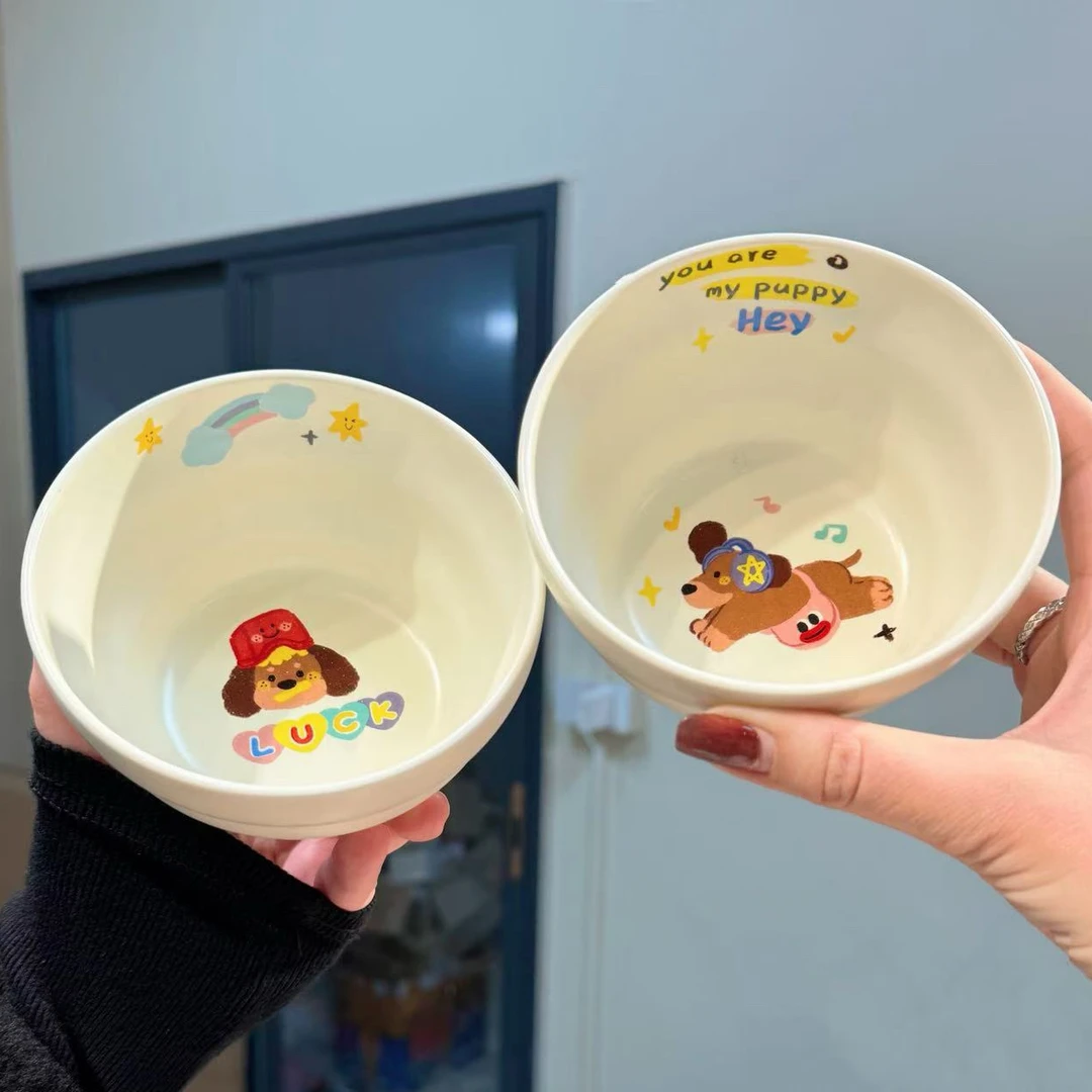 【圆和圈】出口尾单 幸运小狗奶油色米饭碗两件套 陶瓷碗 米饭碗