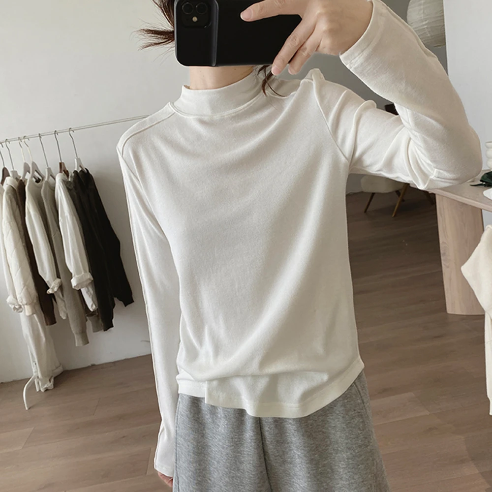 秋冬内搭新款修身半高领纯色简约磨毛德绒保暖显瘦打底休闲T恤衫