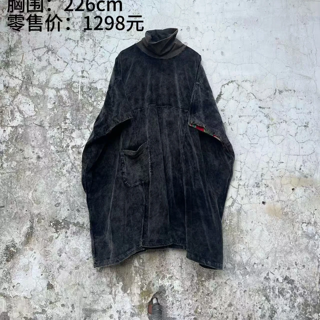 樆木布衣条绒高领袍子复古风格