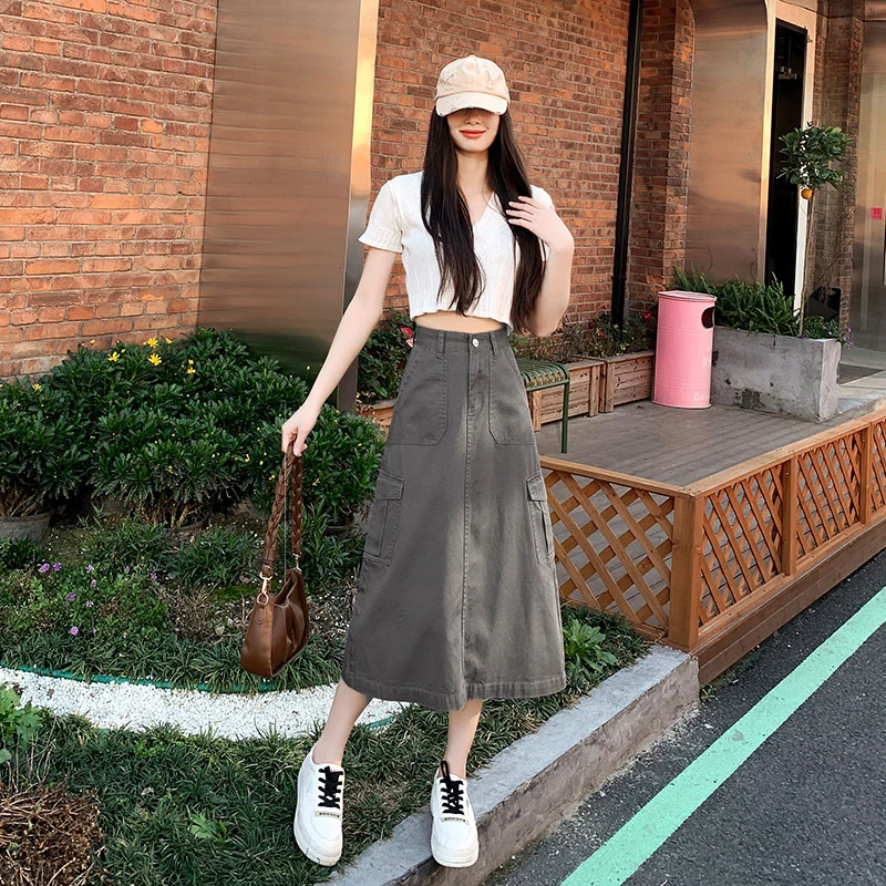 工装裙女中长款过膝灰色夏季高腰梨形身材遮胯a字显瘦垂感牛仔裙
