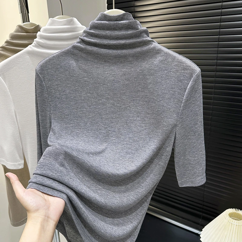 灰色高级感堆堆领中袖上衣女秋季新款显白高档打底衫套头针织T恤