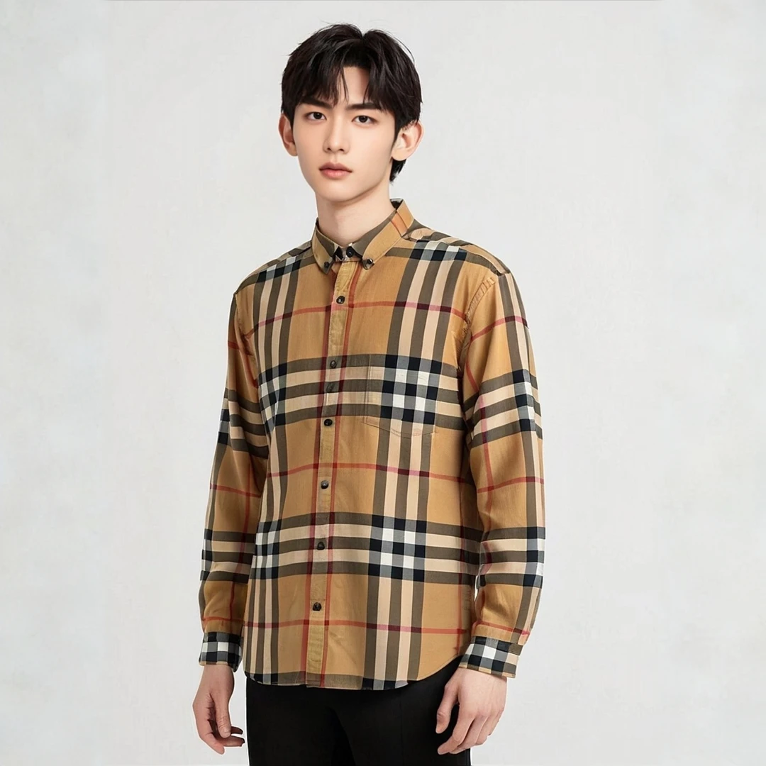 95新 BURBERRY/博柏利 16347778 格纹翻领衬衫 驼色 S码
