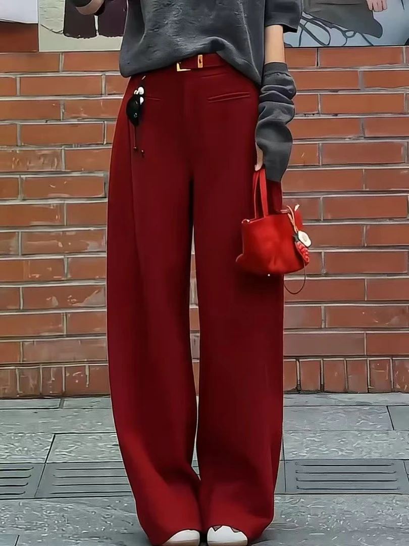 2025新款秋冬时尚高级感羊毛直筒裤显瘦百搭带皮带