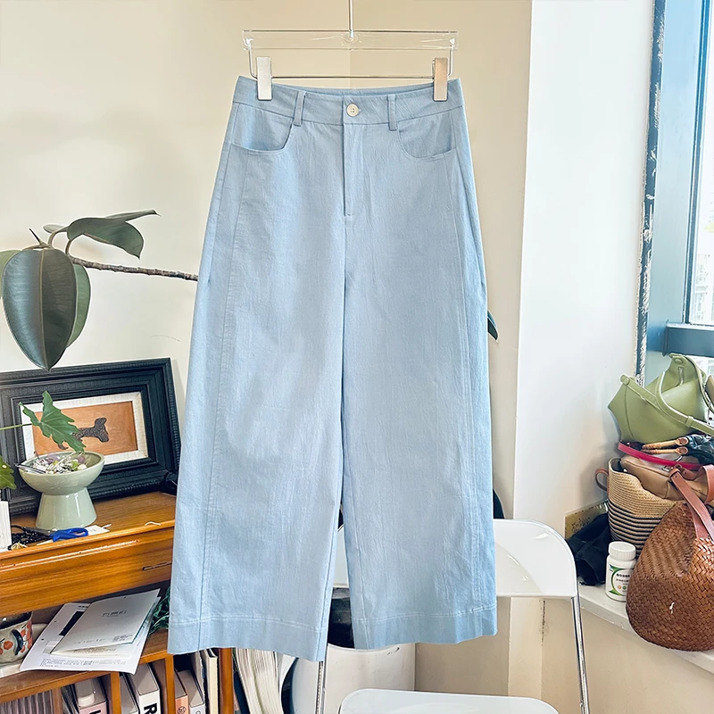 35KZ3483韩系复古高腰简约阔腿休闲裤女春夏宽松遮跨显瘦直筒裤