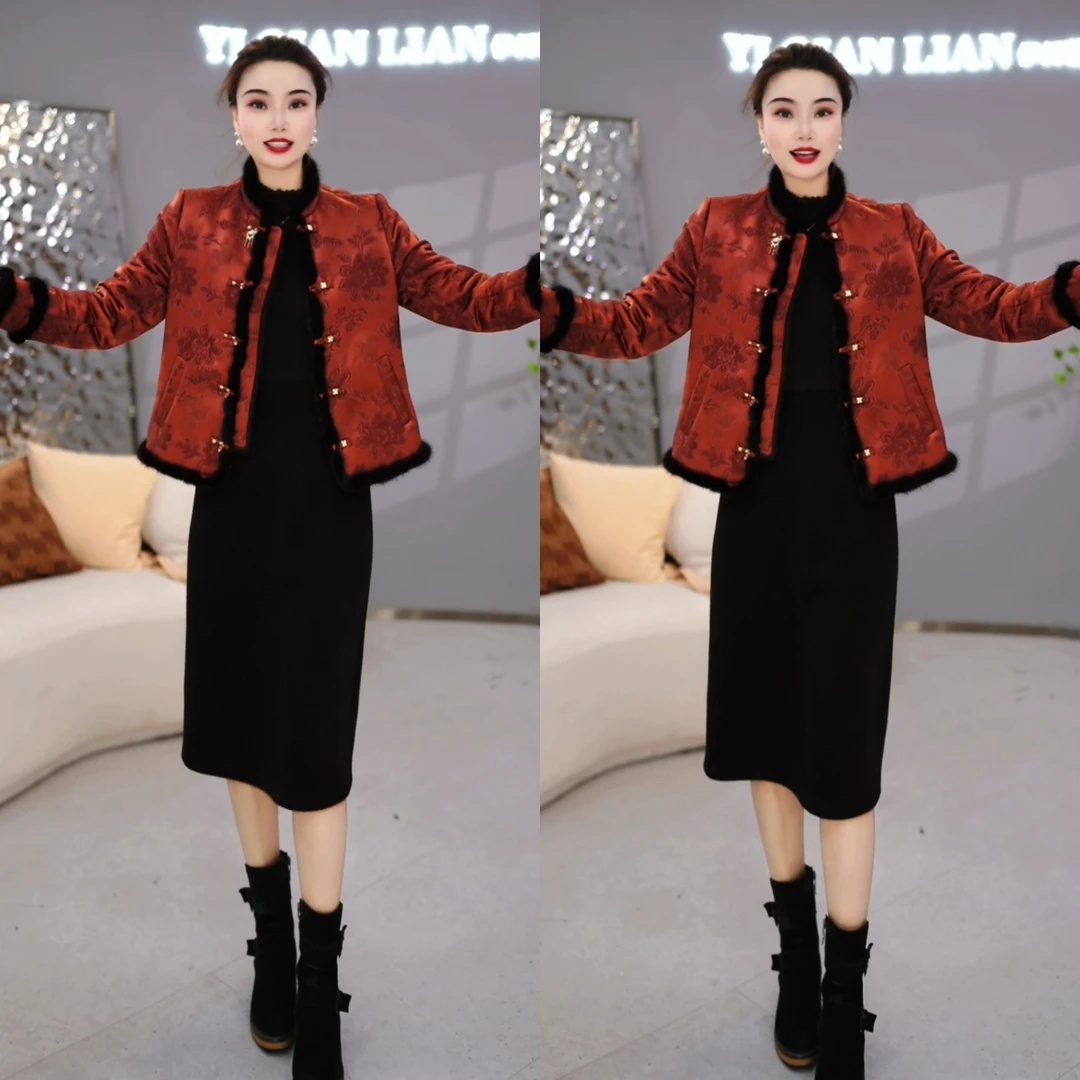 外套+连衣裙 2025冬季时尚中式复古金丝提花加厚毛毛套装裙M-4XL