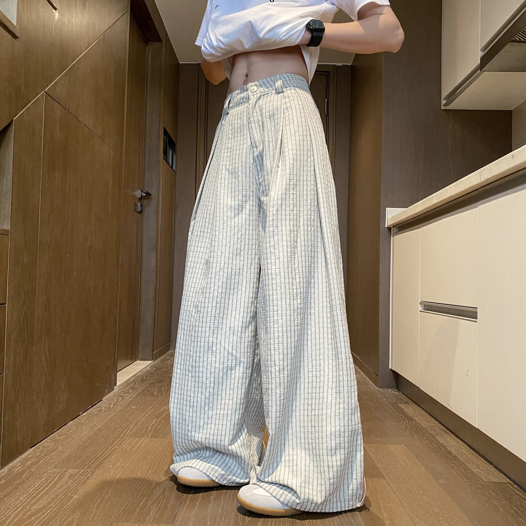 日系慵懒风条纹格子裤男女春夏季新款直筒垂感松弛感裤子阔腿长裤