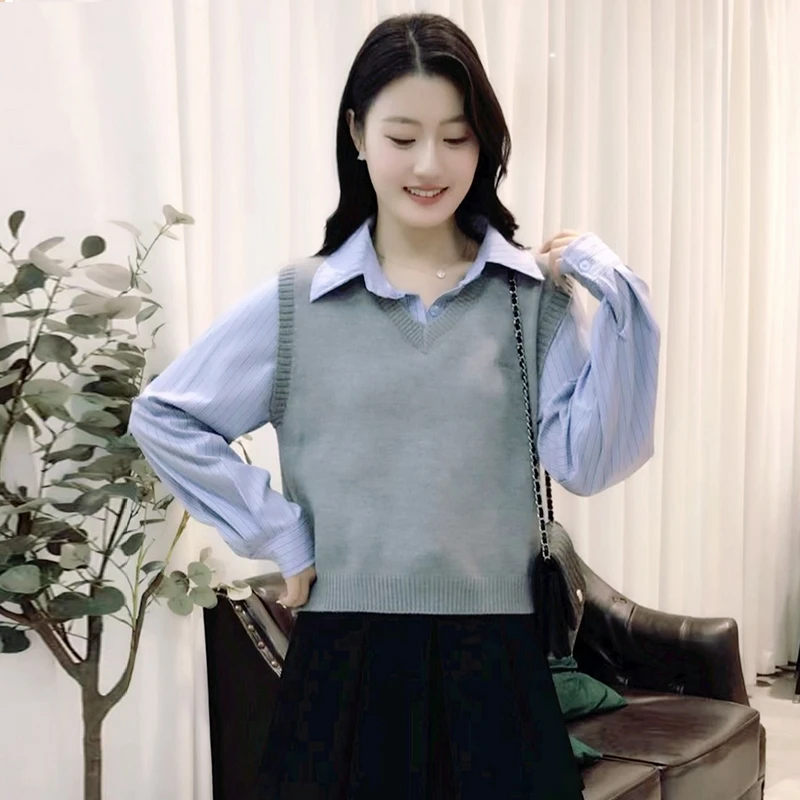 休闲百搭格纹衬衫女2025年春秋新款小个子文艺复古假两件马甲衬衣