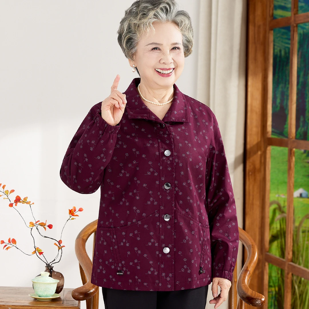 老年人秋装女纯棉夹克风衣婆婆妈妈春秋天全棉外套宽松大码奶奶装