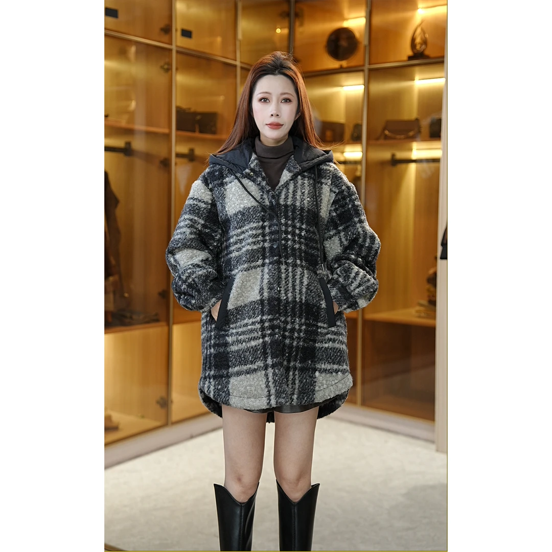 棉服女韩版加厚连帽上衣宽松型厚款格子棉衣25110501