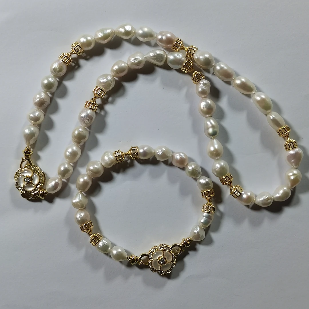 [海极光甄选]tz378 淡水珍珠经典项链 手链套装 8-15mm 钛合金