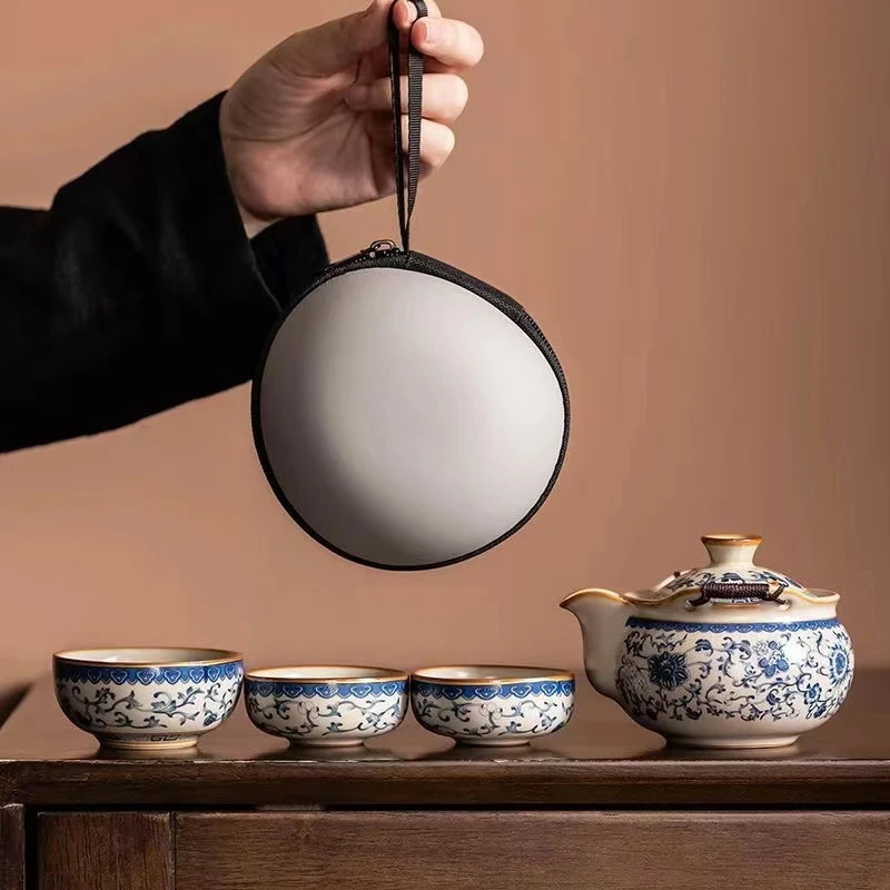 青花缠枝莲汝窑旅行便携式装手抓宝瓶杯底带杯户外一壶三杯茶具