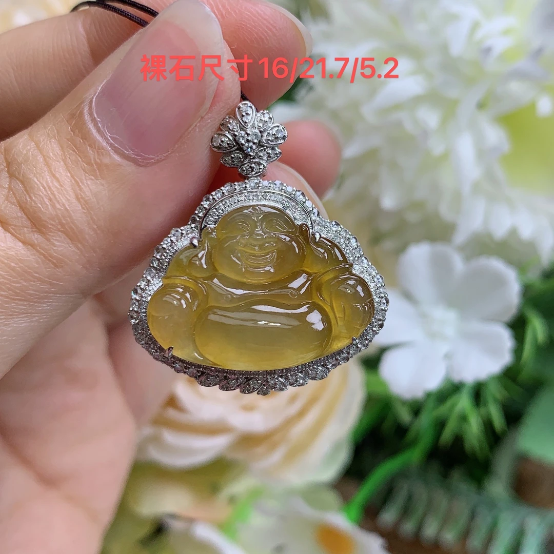 缅甸天然翡翠A货玉18k高冰起光黄翡精品佛公吊坠黄尺寸29/26/11.2