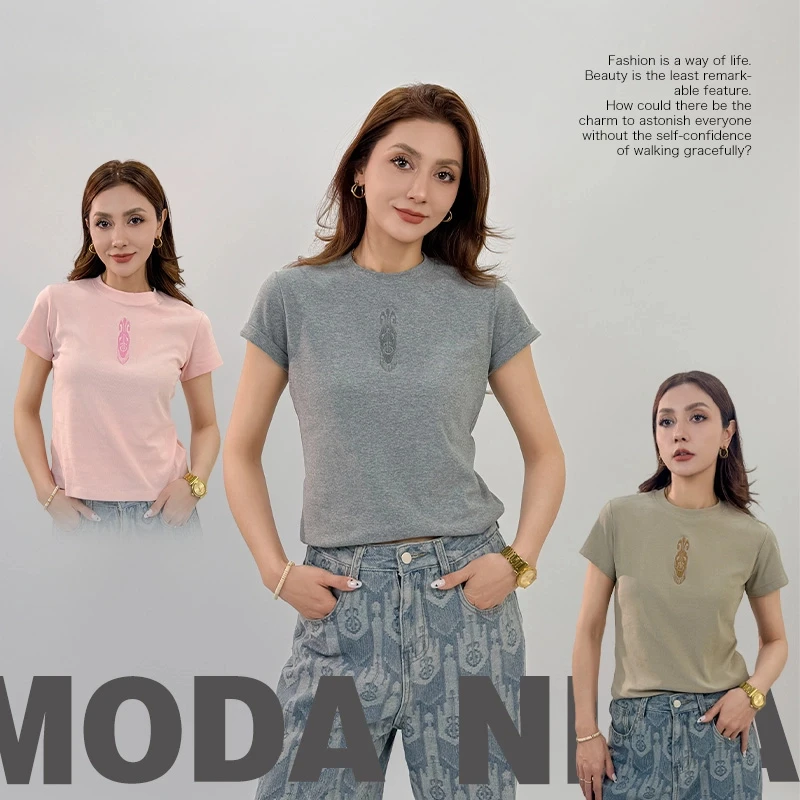 新款刺绣短袖T恤高品质重磅正品爆款夏季时尚潮流洋气上衣女装ins
