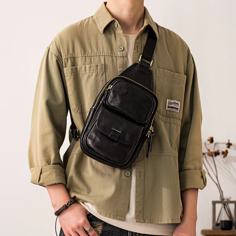 后步原创真皮胸包男植鞣牛皮休闲运动包通勤背包男士单肩斜挎包潮