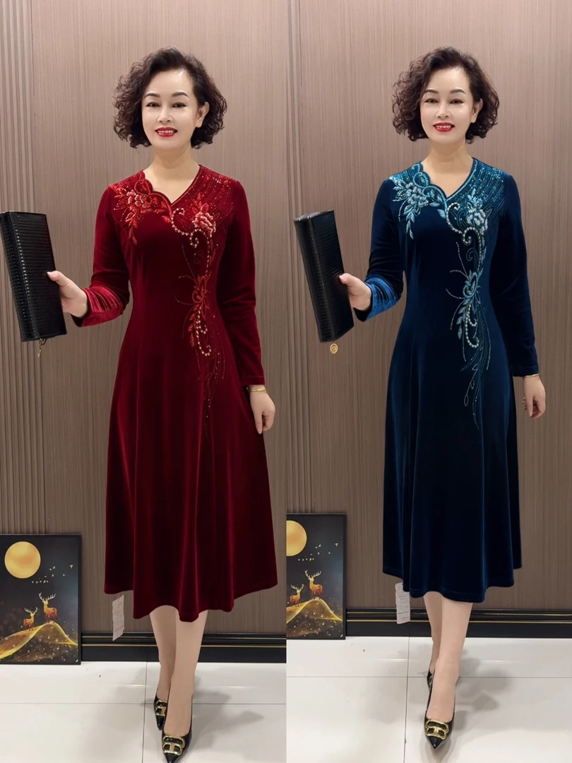 23956款时尚洋气气质显瘦高贵遮肚中长款连衣裙