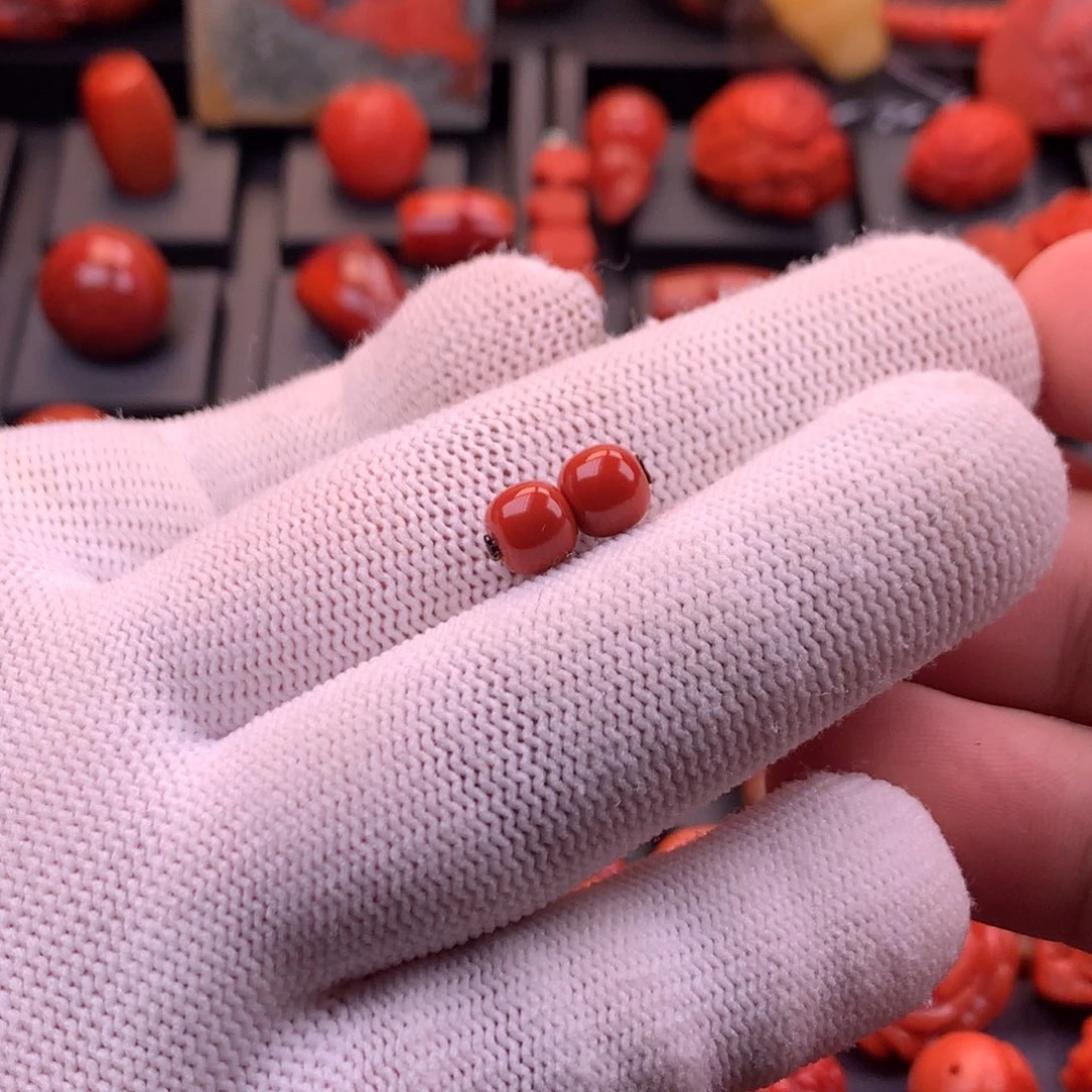 南红玛瑙未镶嵌川料原矿满色满肉柿子锦老型对珠6.8mm