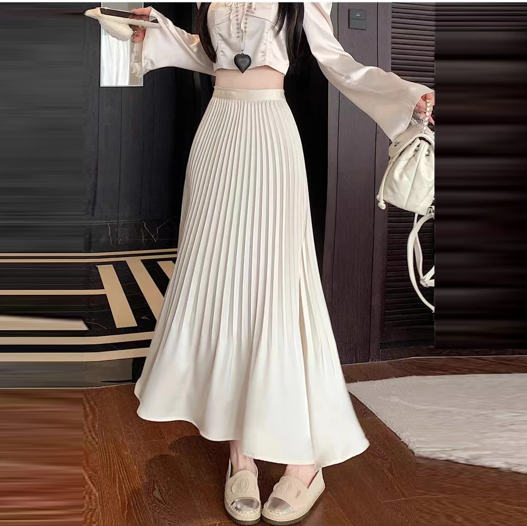 缎面百褶半身裙女春夏2025新款中长款松紧高腰显瘦a字大摆裙1850