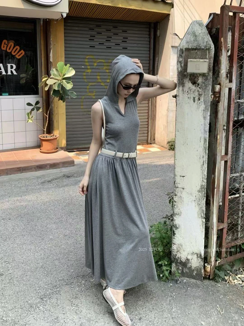 亿尚 福（1ys0029#）连帽款的！小v口长款无袖连衣裙（配腰带） 6-7