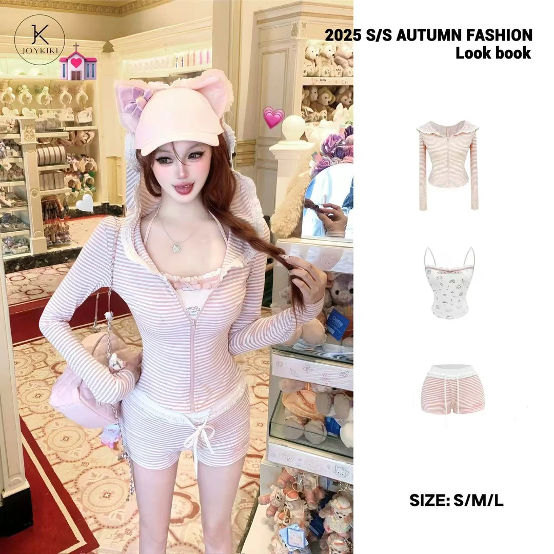JOY KIKI鹅了么【 阳光女孩】秋季条纹连帽减龄少女套装 J25C112
