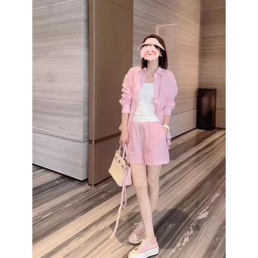 洋气衣服2025春夏新款时尚气质宽松百搭休闲防晒衬衣+短裤套装女