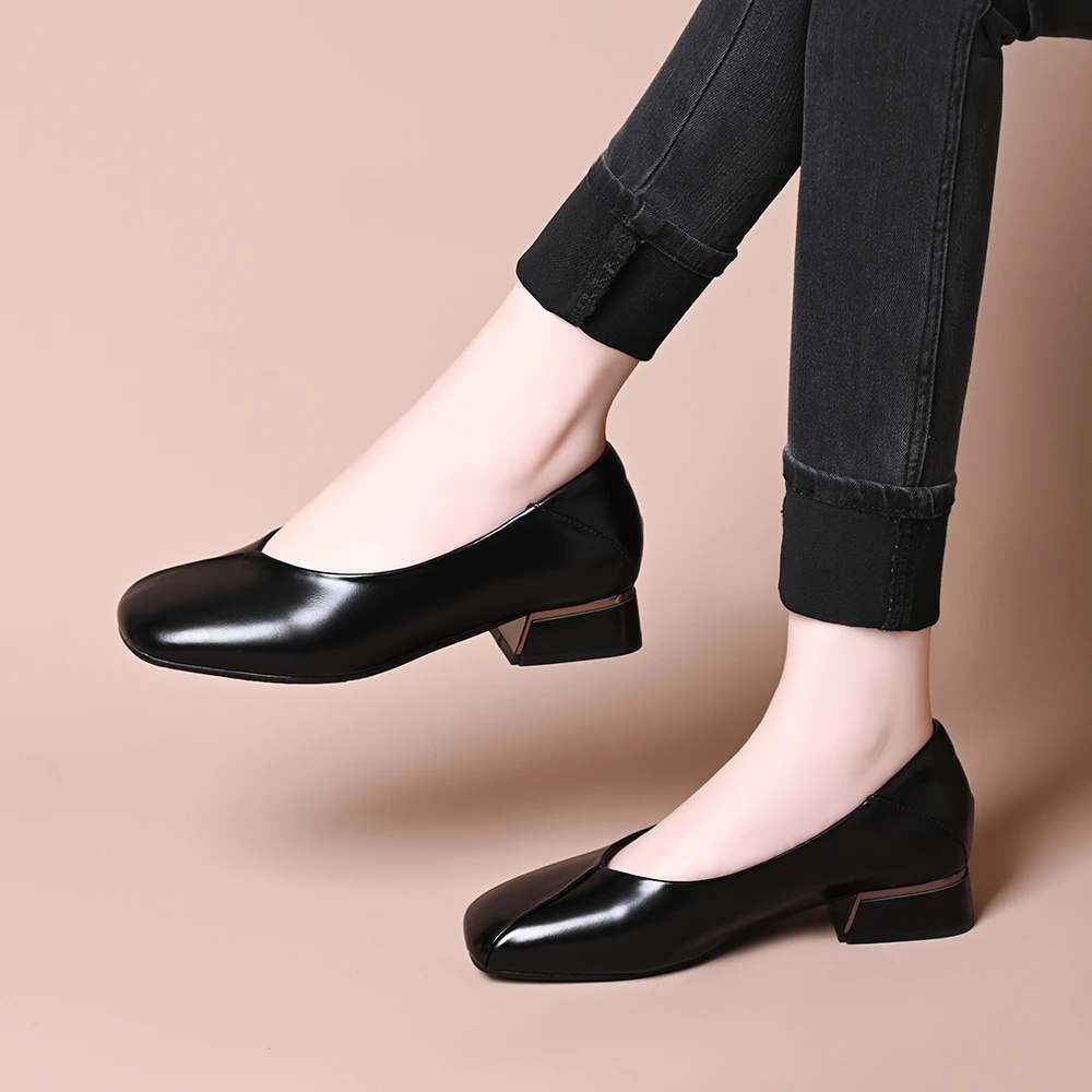 复古气质简约方头浅口单鞋2025春秋新款舒适一脚蹬粗跟不累脚女鞋