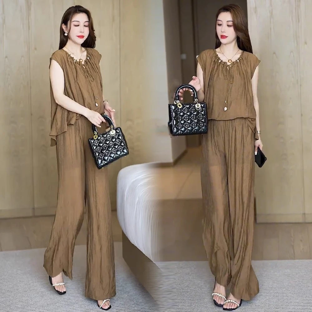 时尚套装女2025夏季新款洋气质宽松遮肚显瘦无袖上衣阔腿裤两件套