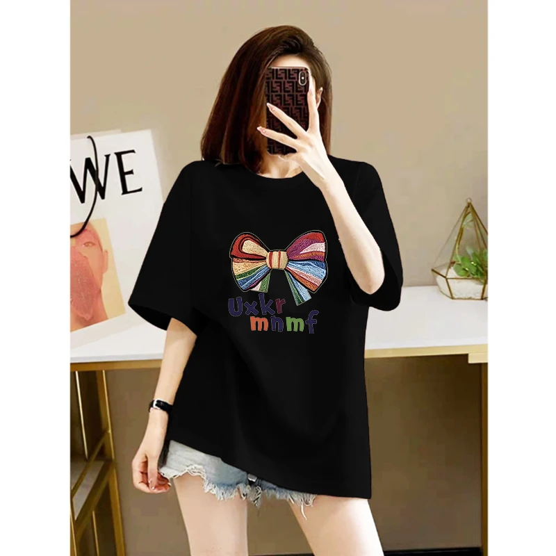 2025新款黑色休闲短袖t恤女夏季独特别致美式复古彩色蝴蝶印花衣