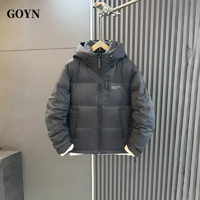 GOYN秋季加厚男士纯色简约风休闲潮流新款百搭男装时尚连帽羽绒服