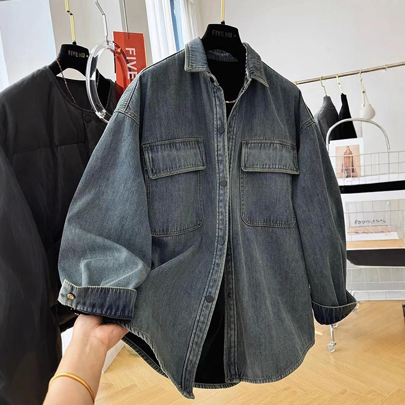 深蓝色复古牛仔衬衫女内搭叠穿正肩2025秋冬新款小个子加绒软上衣