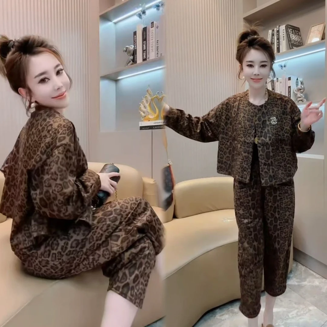 欧货休闲复古豹纹套装女2025秋季新款小个子洋气百搭上衣十哈伦裤