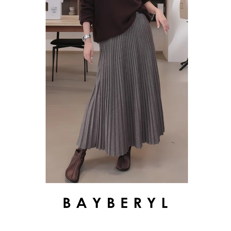 BAYBERYL老贝入秋风琴*压褶瘦通勤羊毛松紧半身裙9YQ5H0821-8/9