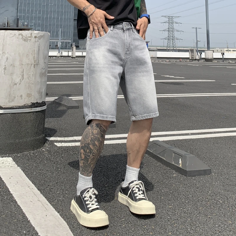 【赤原】天空灰夏季水洗牛仔裤短裤男潮牌感直筒宽松休闲五分中裤