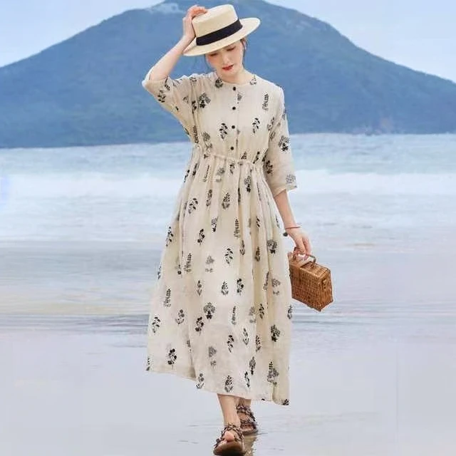 2025夏季苎麻抽绳连衣裙女宽松显瘦气质长裙子文艺棉麻袍子碎花裙