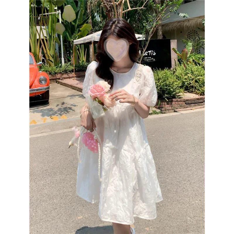 【冷萃甜心】300斤大码女装2025夏新款泡泡袖高腰可爱娃娃领连衣裙