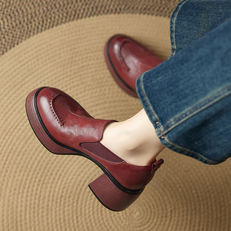 【8cm/牛皮】2025秋季新款小个子增粗跟厚底防水台真皮女鞋W2501