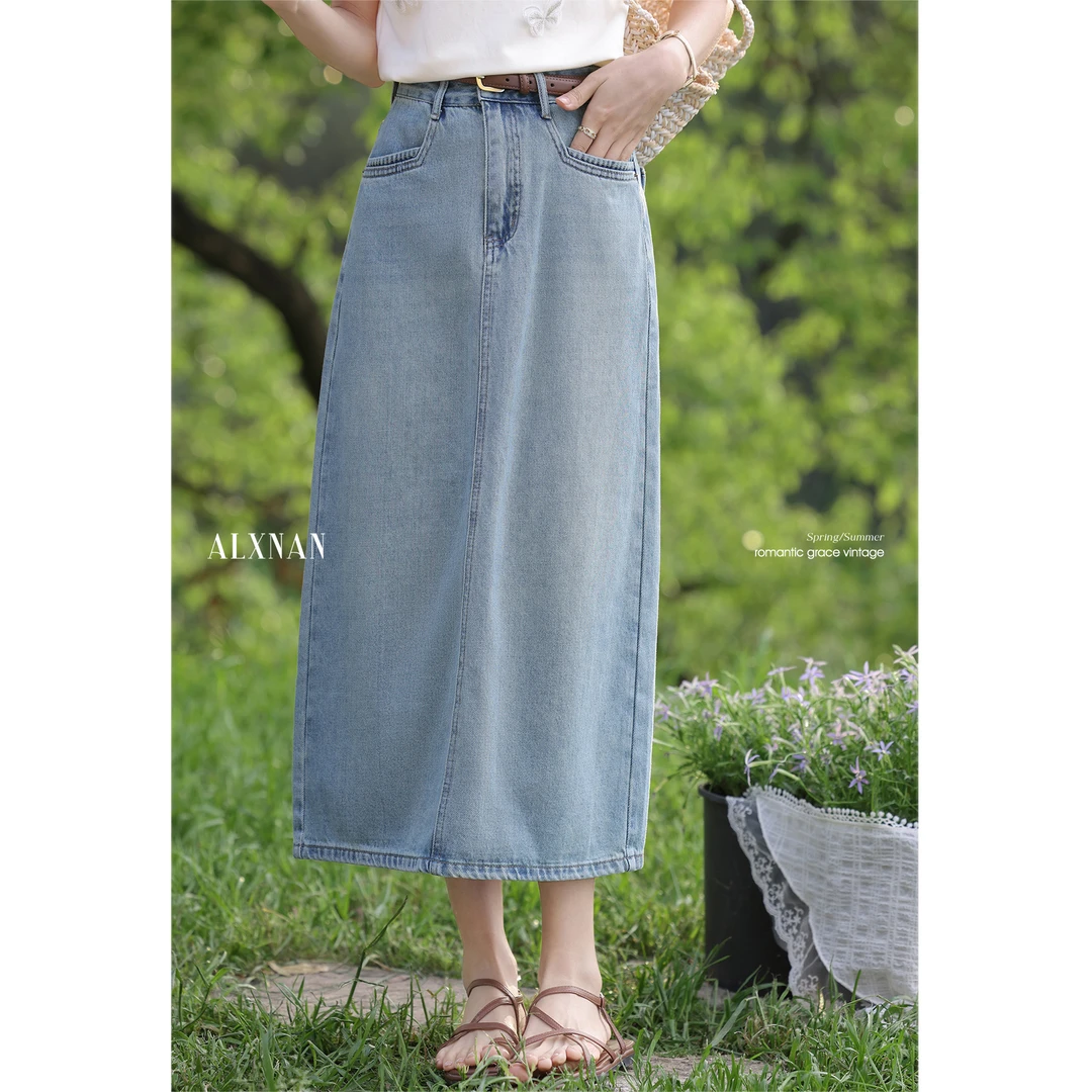 鹿向南【粉丝福利】复古百搭蓝色夏季宽松牛仔A字长裙L553112