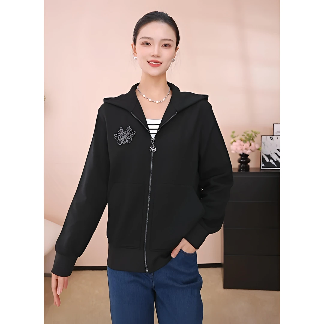 哥弟秋冬新款时尚休闲百搭龙头刺绣拉链连帽羊毛卫衣外套1400801