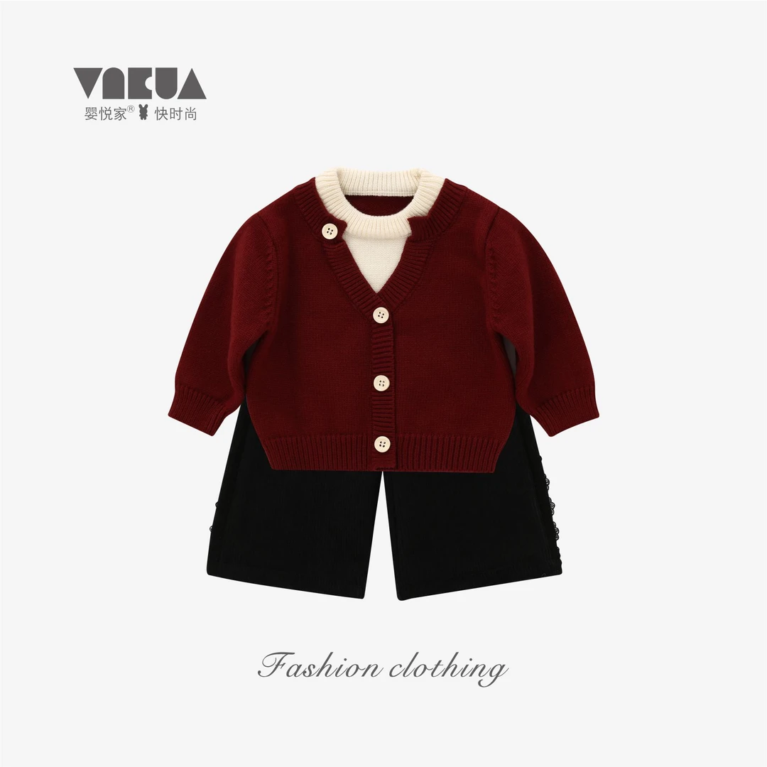 婴悦家秋冬女宝宝甜美百搭假两件针织衫+阔腿裤 93103+88203预售