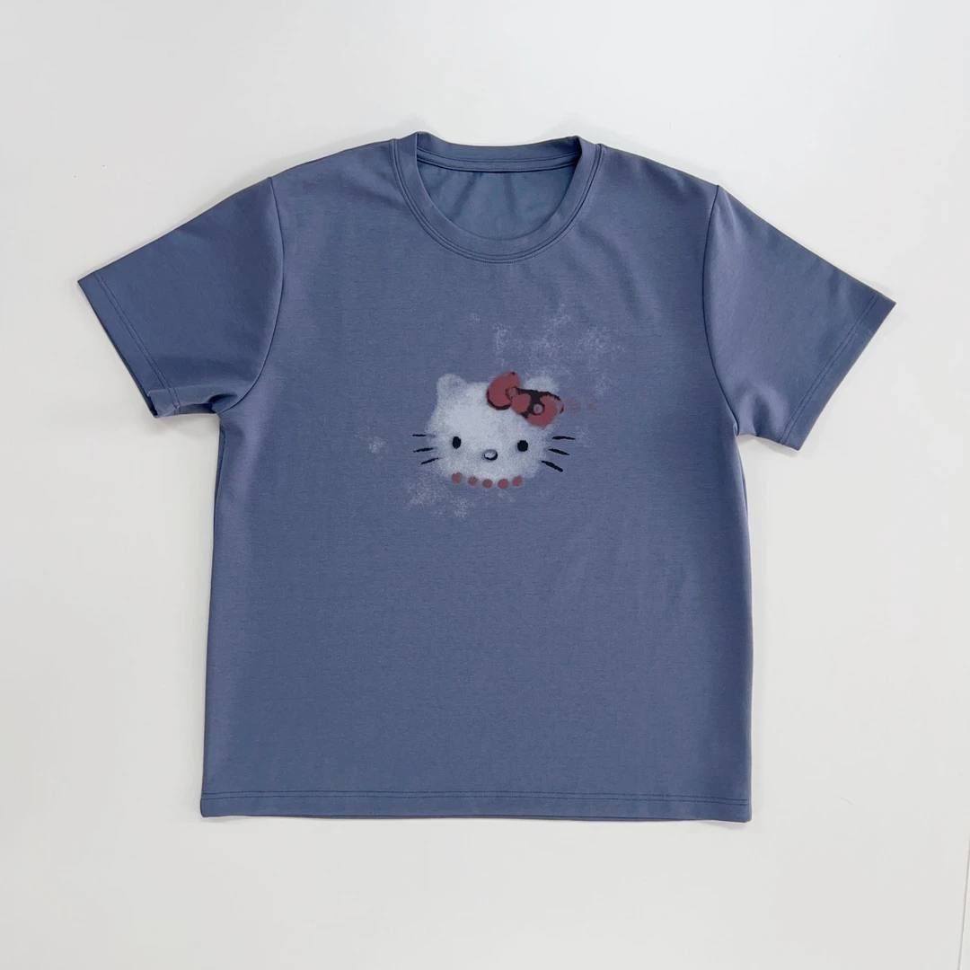 特殊色kt猫 柔软空气层面料 喷墨做旧印花短袖40423