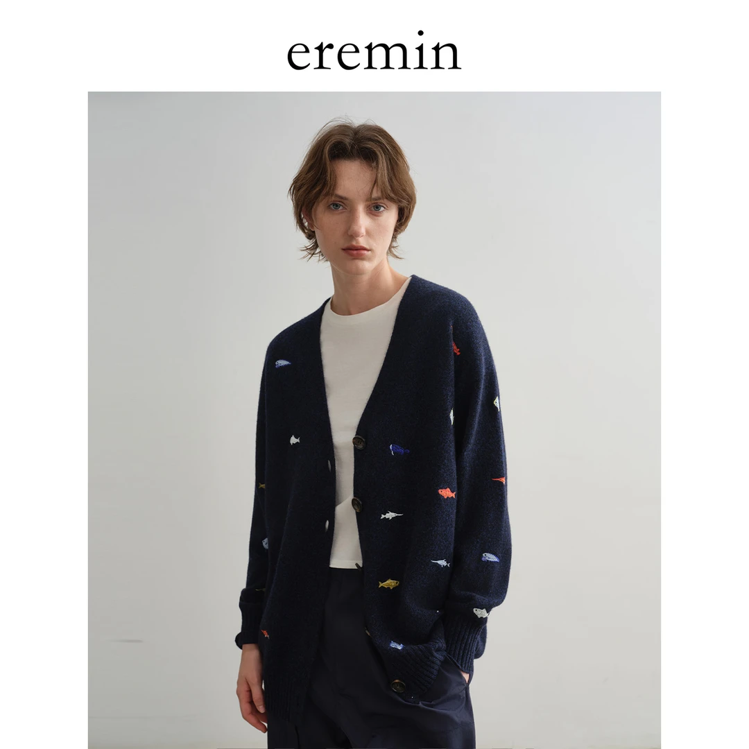 DE Mincollection小鱼毛衣/巴素兰羊毛蓬松趣味刺绣V领开衫55136