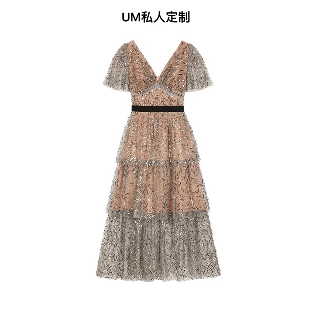 【UM高定】新款烟灰色树叶亮片重工刺绣钉珠收腰V领中长款连衣裙