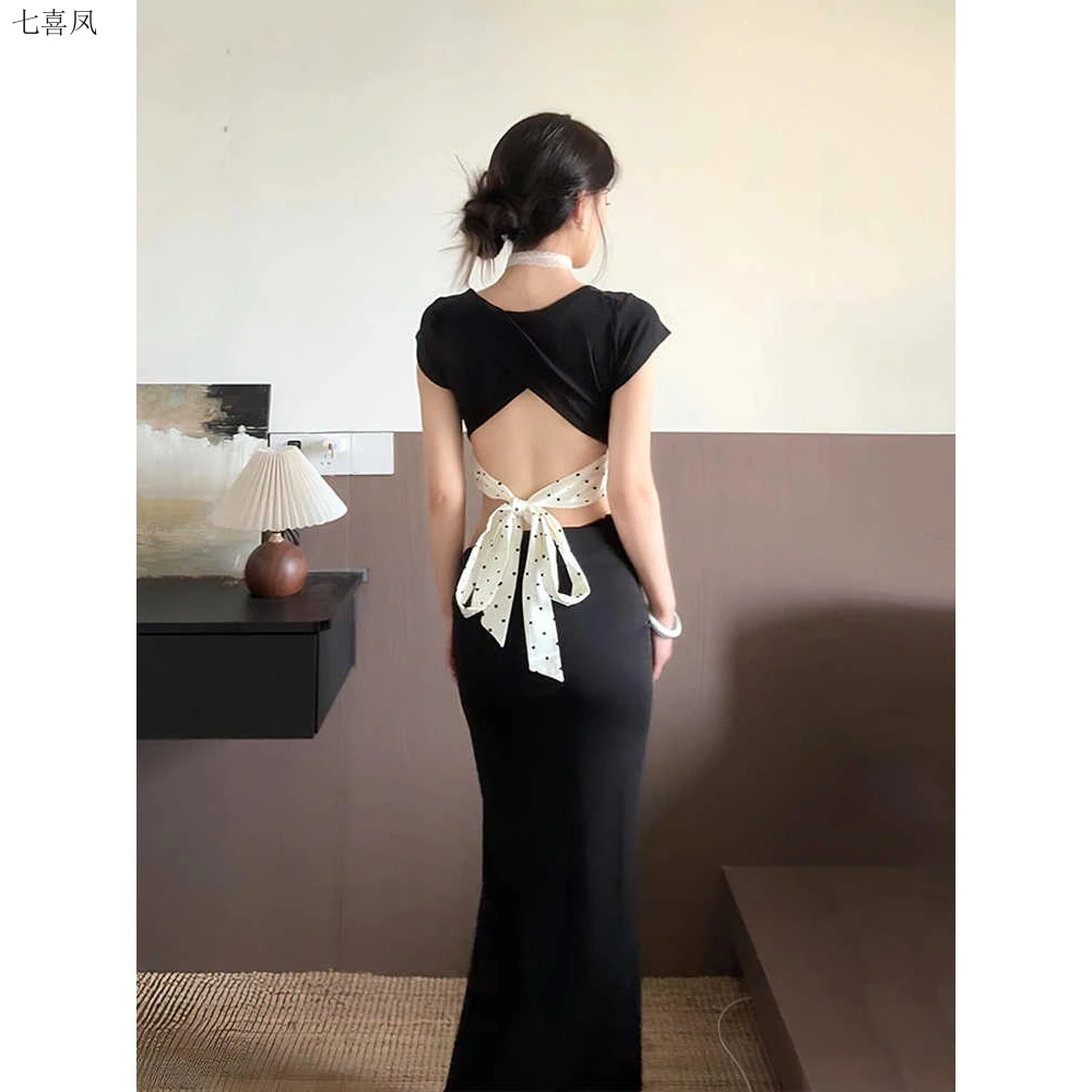 短袖波点围巾领系带吊裙斜腰修身显瘦时尚潮流气质款